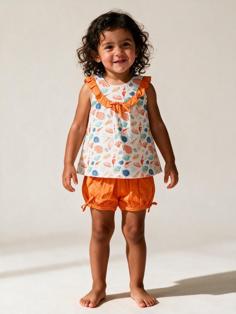 Menina com conjunto laranja estampado