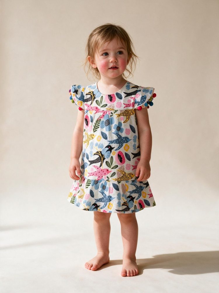 Menina com vestido estampado de pássaros
