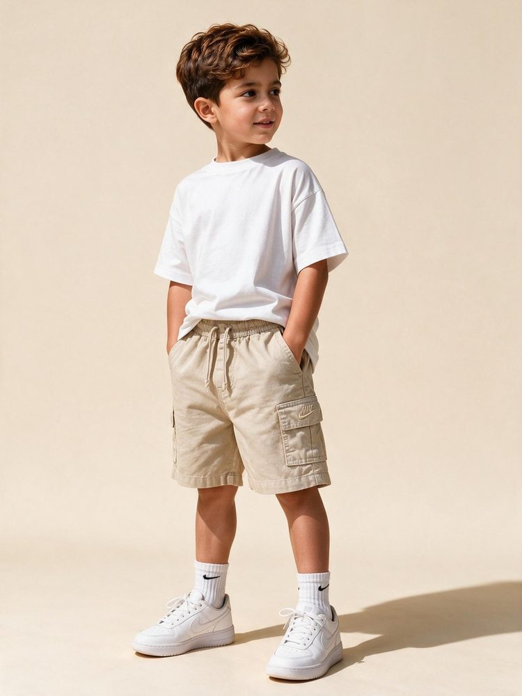 Menino de camiseta branca e short cargo bege